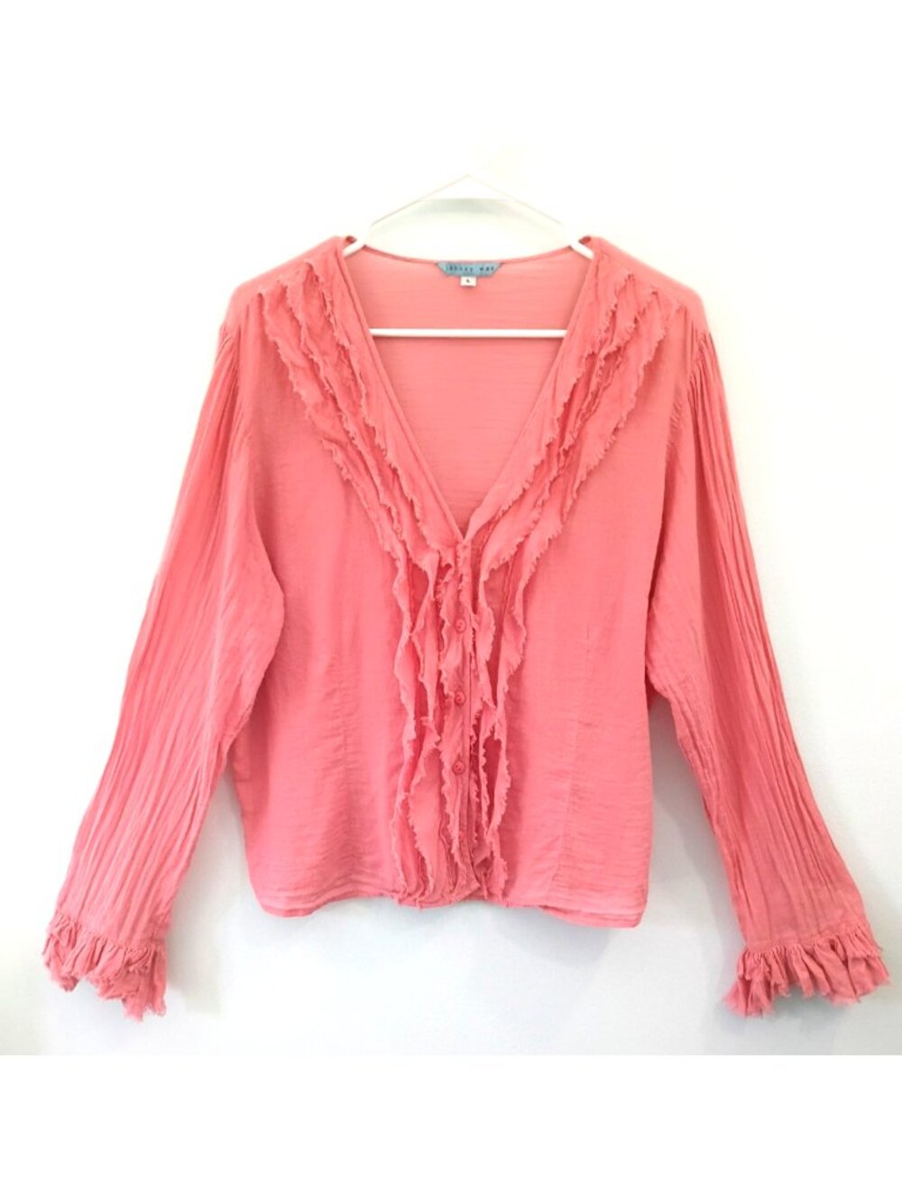 JOHNNY WAS Blouse Crinkle Gauze Raw Edge Ruffles Buttons Longs Sleeve Coral - L